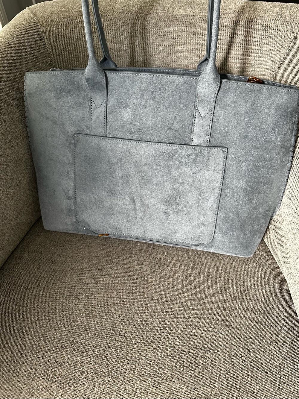Meadow Tote in Dusty Blue Suede - Poppy and Peonies Picnic Collection - Picture 2 of 6